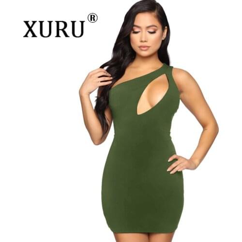 XURU summer new womens openwork dress slanted shoulder sexy slim bag hip back dress