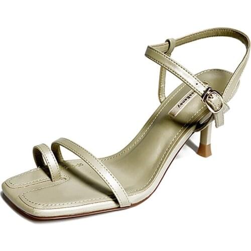 Women sandals PU Buckle Strap 5.5CM Thin Heels High heels Square Toe Shallow women shoes sandalias mujer 2020 size 35-42