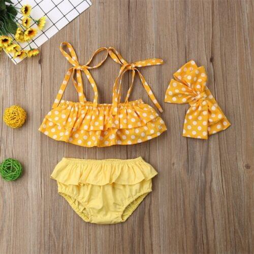 1-6T Little Girl Ruffled Yellow Polka Dot Polka Dot Shoulder Tie Bra Top Low-Cut Ruffled Panties Bow Headband 3PCS Bikini Set