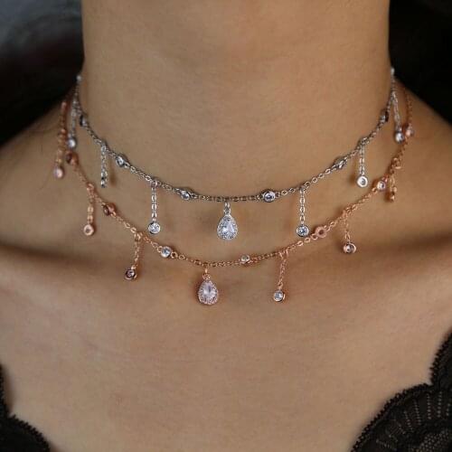 2021 New Fashion Sparking Bling Simple Cz Water Drop 32+10cm Choker Necklace For Women Gold Silver Color Round Cz Dots Jewelry