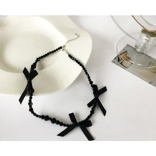 2021 Korean Trend Black Bow Clavicle Necklace for Women Fashion Dating Party Birthday Women Glass Bead Jewelry Necklace