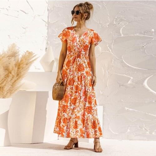 2021 New Bohemian Style womens Short-sleeved V-neck Flower Print Lace-up Button A-line Summer Beach Ladies Streetwear Long Dress