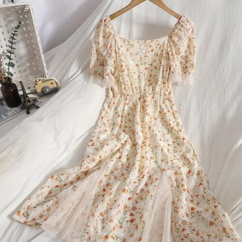 Autumn New Pearl Beading Women Summer Dresses Short Sleeve Square Collar Mesh Patchwork Floral Dress 2021 Woman Casual Vestidos