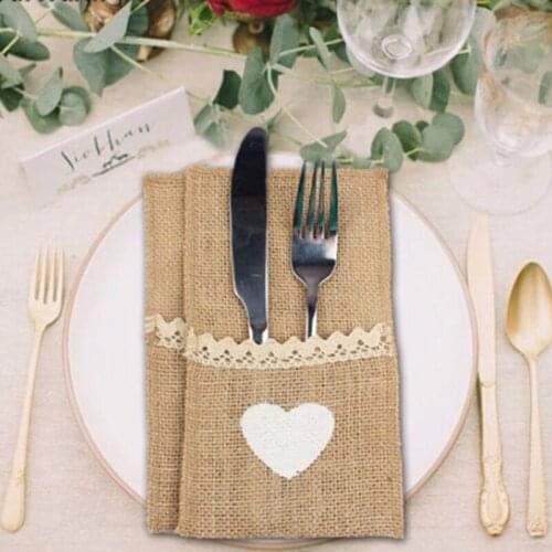 10pcs Jute Hessian Tableware Pouch Pocket Love Cutlery Knife Fork Holder Rustic For Wedding Decoration