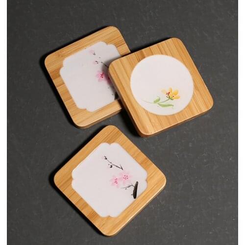 2Pcs Bamboo Coasters Chinoiserie Flower Cup Mat Chinese Style Cup Mat for Coffee Tea Hot Drink