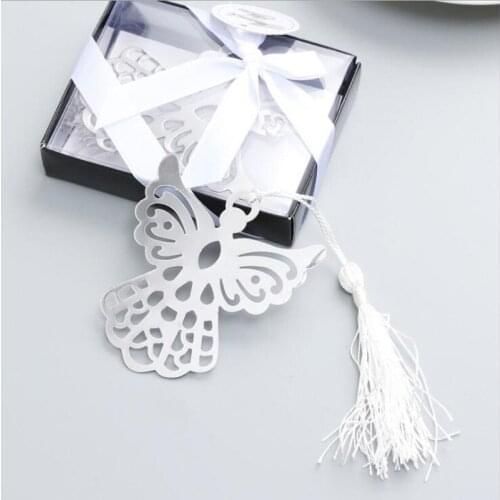 50pcs Exquisite wedding gifts angel monolithic metal bookmark with tassel for School students favors