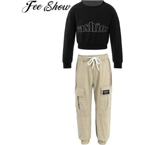 Girls Sportswear Long Sleeve Letters Printed Sweatshirt Sport Tops with Drawstring Cargo Pants for Jazz Hip Hop Modern Dancewear