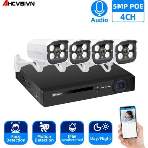 H.265 4CH 5MP POE Security Camera System Kit 4PCS 5MP HD POE IP Camera Outdoor Waterproof CCTV Video Surveillance Audio NVR 2TB