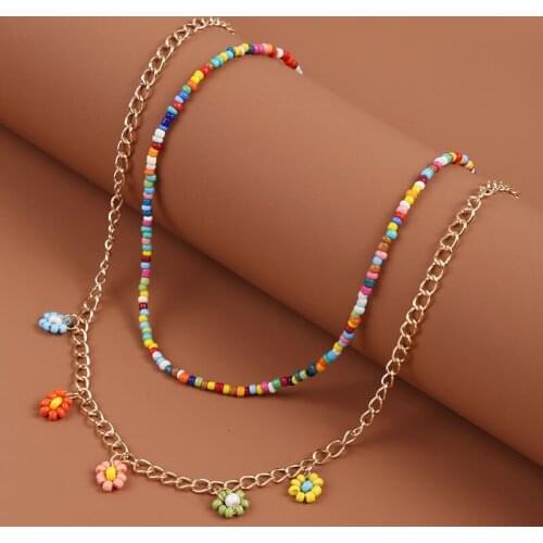 Personalized colorful handwoven rice bead necklaces sweet and creative fashion multilayered wear 2 sets of clavicle chainjewelry
