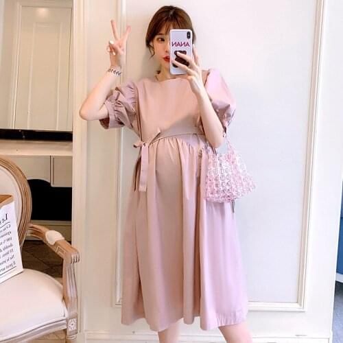 New Pregnant Women Summer Dress Fashion Loose O-Neck High Waist Puff Sleeve Maternity Cotton Linen Dress Pink Pregnancy Clothes