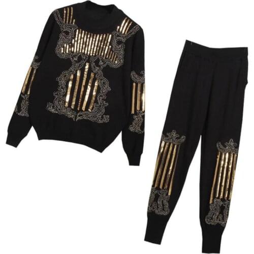 Fashion cartoon pattern sequined beading knit woolen suits female beading sweater + knit pencil pant two pieces sets wq2389