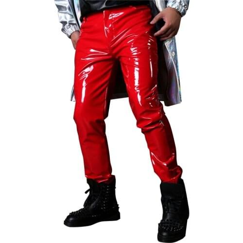 Men red patent leather male pants fashion singer dancer Hip Hop Slim Fit stage pants show costumes