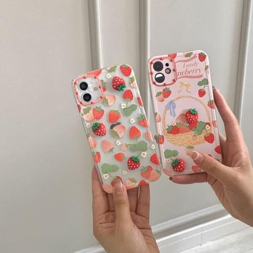 Cute Pink Strawberry Phone Cases For iPhone 12 Pro XR XS Max 7 8 Plus Clear Soft Bumper Back Cover Case For iphone11 accessories