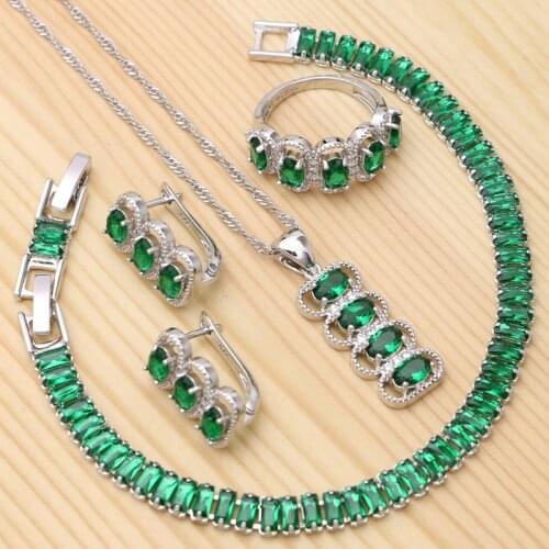 925 Sterling Silver Bridal Jewelry Sets For Women Wedding Green Cubic Zirconia Ring Bracelet Necklace Pendant Earrings
