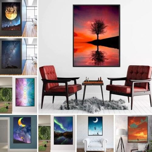 Wall Art Starry Sky Moon Poster Home Decor Hd Print Aurora Night Scenery Canvas Painting For Living Room Modular Pictures Framed