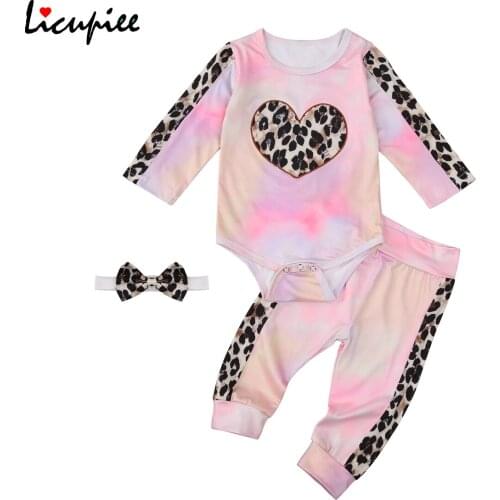 New Born Baby 3 Piece Tie-dyed Suit, Heart Print Long Sleeve Crew Neck Top, Leopard Print Long Pants Hairband 0-24 Months