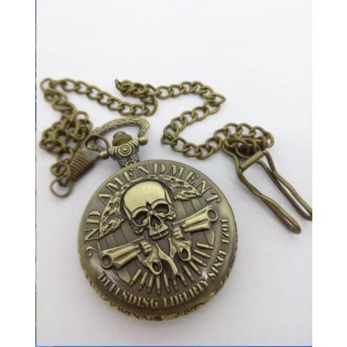 Wholesa Bronze DEFENDING LIBERTY SINCE 1791 2nd AMENDMENT MILITARY Gun Skull Quartz Pendant Necklace Men Women Pocket Watch Gift