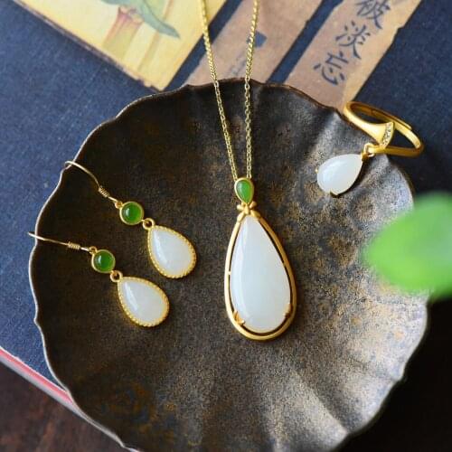 Natural Hotian Jade Pendant White Nephire Drop-Shaped Jade Necklace Womens Jade Retro Necklace Ring Bracelet Three-Piece Set