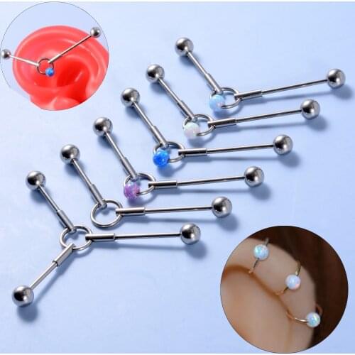 1PC Surgical Steel Fire Opal Straight Barbell Ring Industrial Barbell Opal Ear Cartilage Tragus Helix Septum Clicker Piercing16G