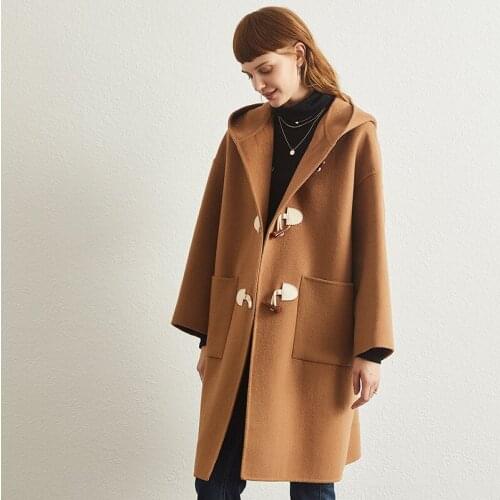 Luxurious 100% cashmere double faced woolen coat women hooded coats warm new cow horn button cape woolen trench coat loose brown