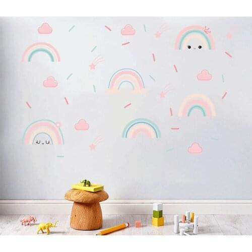 Pink Rainbow With Cute Stars Wall Sticker Home Decoration Wallpaper For Kids Living Room Bedroom Background Decor Wall Decal