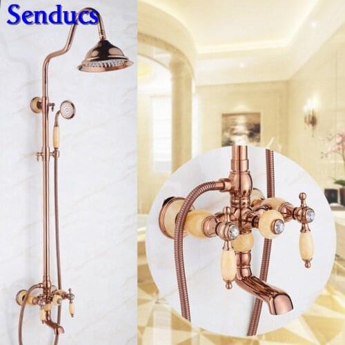 Senducs Rose Gold Jade Stone Bathroom Shower Set Newly Design Dual Handle Bathroom Mixer Faucet Quality Brass Bath Shower Set