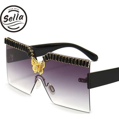 Sella New Arrival Fashion Men Women Oversized Rimless Square Sunglasses Luxury Crystal Decoration Gradient Lens Large Glasses
