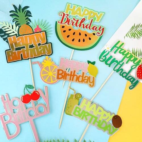 Happy birthday happy summer fruit paper topper watermelon pineapple cherry cake decorating for Party Decoration Dessert Gifts
