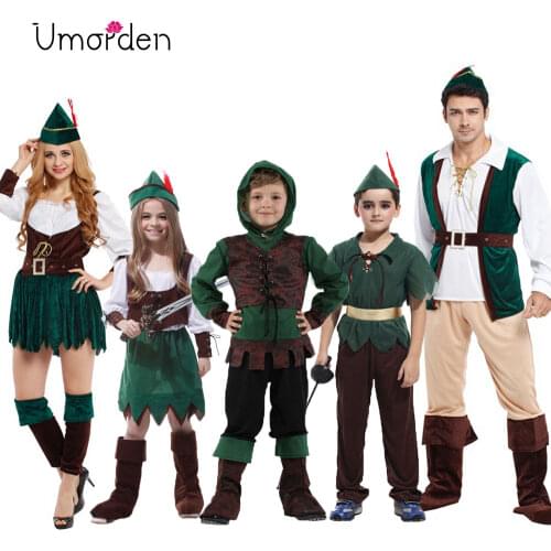 Umorden Boys Girls Medieval Archer Hunter Robin Hood Costume for Women Men Family Halloween Purim Carnival Party Costumes