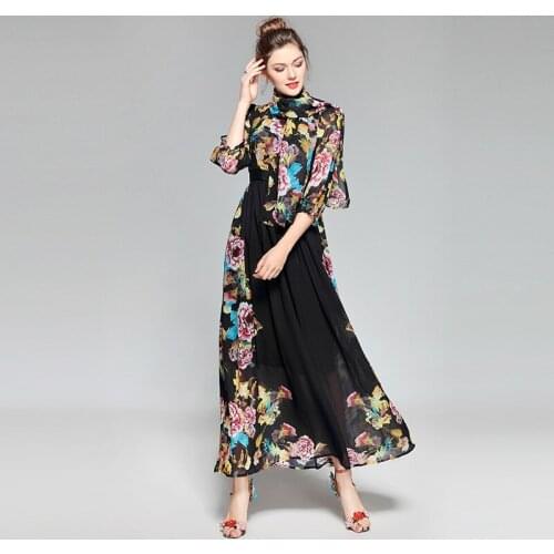 Urumbassa Women three quarter sleeve bohemian spring floral print elegant Fashion ladies vacation chiffon dress