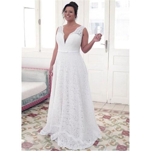 Vintage Lace Sexy V-Neckline A-line Plus Size Wedding Dresses With Bowknot White Lace 26W Bridal Gowns vestido de noiva