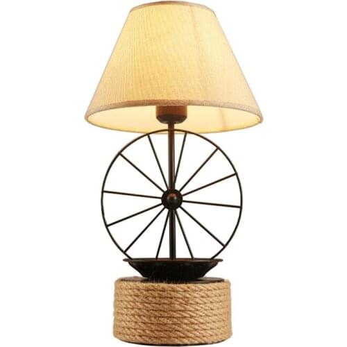 Vintage iron wheel table lamps European bar decorative lamp American bedroom living room study fabric hemp rope table lights