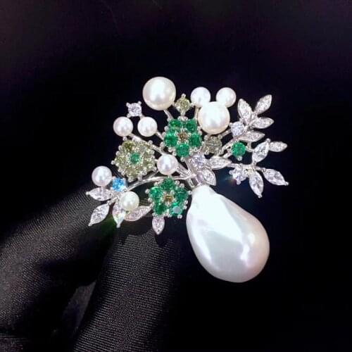 Baroque natural fresh water pearl vase brooch 925 sterling silver fine women jewelry for coat free shipping