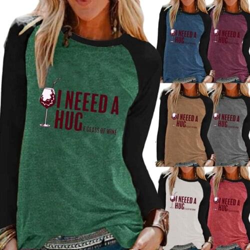 Autumn and Winter Fashion Womens Letter Print Casual Long-sleeved Color Block Top T-shirt Ladies Round Neck Pullover Top