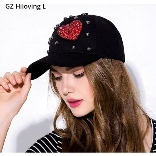 GZHilovingL Rhinestone Baseball Cap With Heart Shape Women Diamond Cap Cotton Snapback Hat Black Casual Casquette Femme Sport