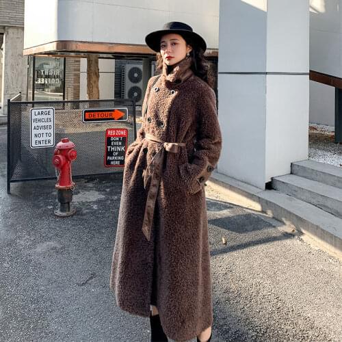 Women 2021 Autumn Winter Fashion Double-breasted Wool Coat Female Genuine Sheep Shearling Overcoat Casual Natural Fur Coats B672