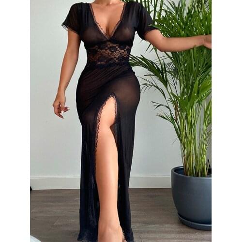 Women Sexy Lingerie Short Sleeve Deep V-Neck Split See-through Sheer Lace Maxi Dress Erotic Sex Costume Night Wear 2021
