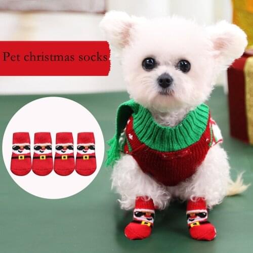 4Pcs/set Winter Warm Pet Santa Sock Puppy Dog Socks Anti-Slip Knitted Small Dogs Cat Shoes Paw Protector Cute Pet Product