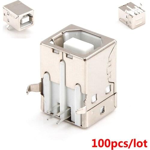 100x USB B female Adapter Connector Plug Socket USB 4 Pin 90 degree USB B Type steel Printer USB Connector Printing Plugs HY050