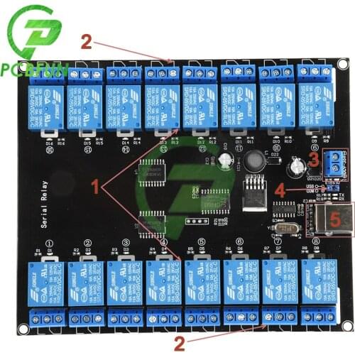 DC 7V-38V 16-channel 16 Ch Serial Relay Module 10A/250V Relay Module Board DC 12V 24V Relay Module Open/Normally Closed Terminal
