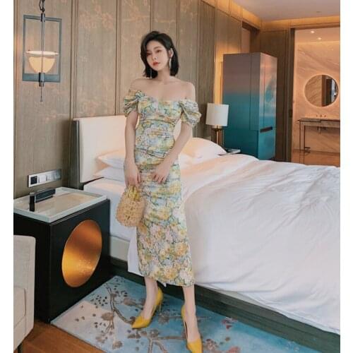 2021 Fashion Ladies Retro Floral Printed Dresses Strapless Casual Dresses Women Puff Sleeve Dress