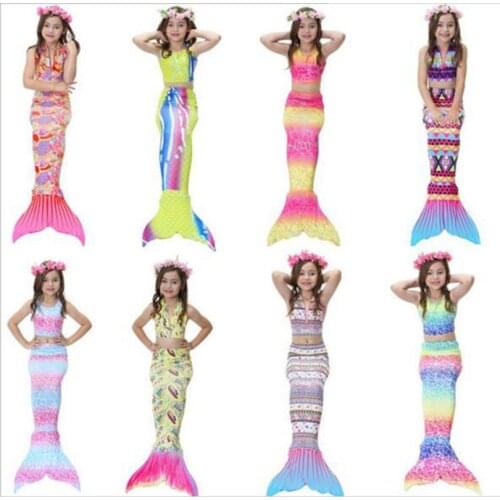 4pcs flower printing girl costumes monofin bikini mermaid tails for swimming with flipper cosplay children mermaid tail costume
