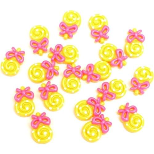 50Pcs Yellow Lollipop Pink Bow Decoration Crafts Beads Frame Flatback Cabochon Scrapbook Kawaii DIY Embellishments Accessories