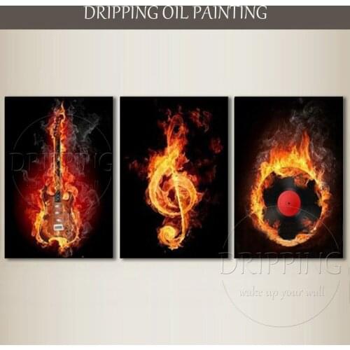 Free Shipping Hand-painted 3 Pieces Abstract Burning Music Oil Painting Abstract Instrument Musical Painting For Pub Decoration