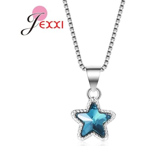 925 Sterling Silver Star Shape Pendant Necklace Blue Clear AAA Cubic Zirconia Jewelry Casual Stylish Birthday Girl Lady Gifts