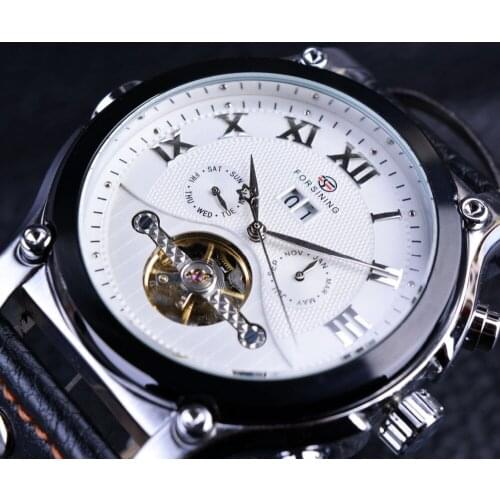 Forsining Day Date Month Display White Dial Genuine Leather Strap Men Fashion Casual Watches Montre Homme Men Watch Luxury Brand