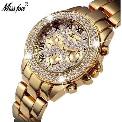 MISSFOX Women Watches Luxury Fashion Fake Chronograph Roman Numerals Waterproof Full Rhinestones Ladies Quartz WristWatches 1846