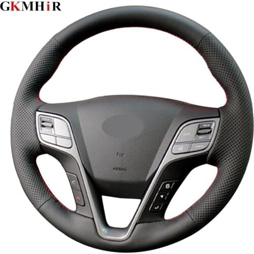 DIY Hand-stitched Black Artificial Leather Steering Wheel Cover for Hyundai Santa Fe 2013 Grand ix45 Accessories interior