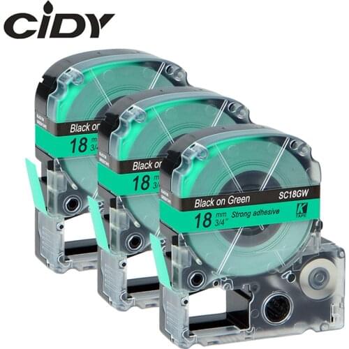 CIDY 3pcs Compatible 18mm black on green SC18GW LC-5GBW9 LC5GBW label tape for KingJim/epson LabelWorks LW300 lw400 SR150 LW-600