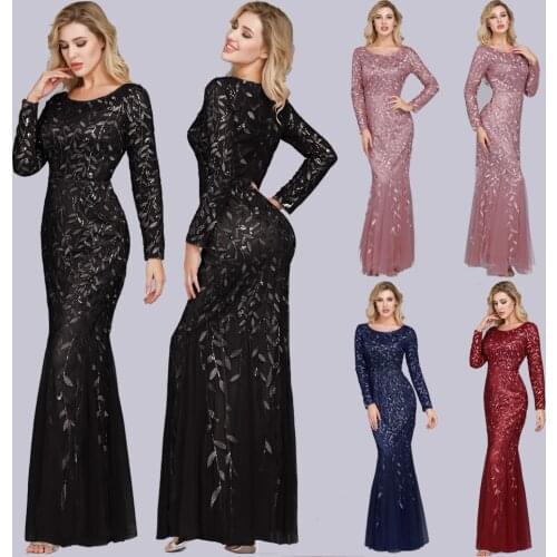 Elegant Womens Banquet Evening Dresses Long Sleeve Round Neck Prom Gowns Floor Length Plus Size Mermaid Special Occasion Dress